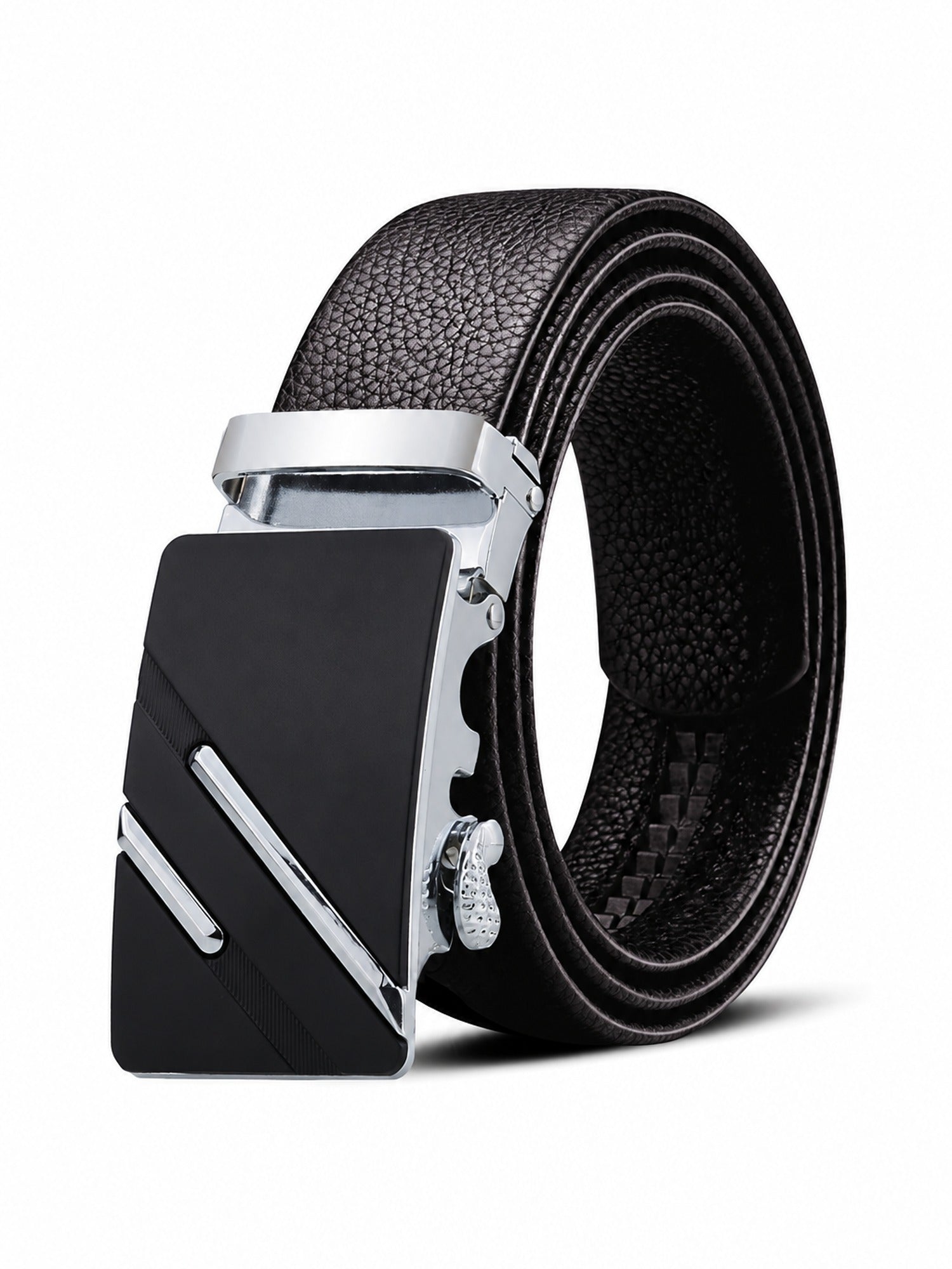 Automatic Plate Buckle Belt, Leather-Look – Men – Black Plate · Silver Bars – front